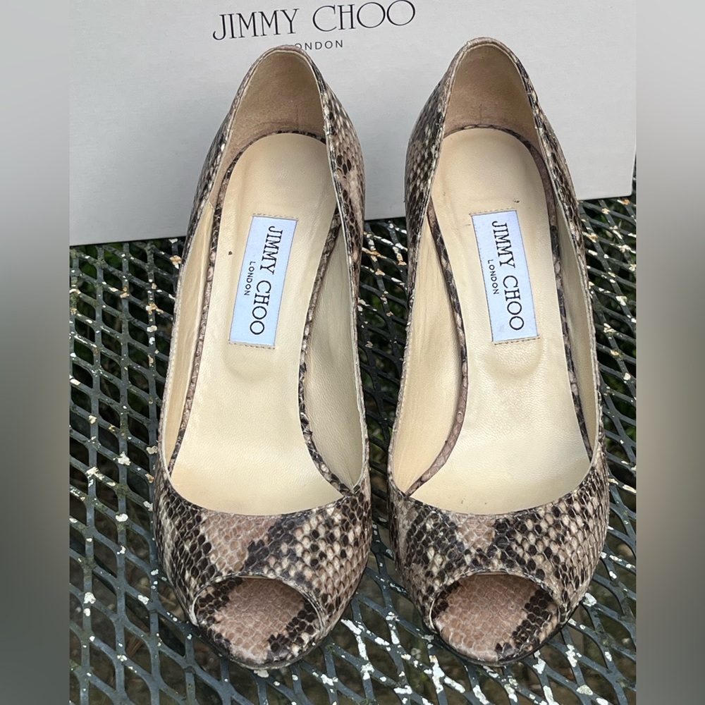 Jimmy Choo Brown Snake Print Metal Wedge Heels!